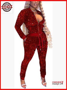 Velour Tracksuit Sequin Bomber Jacket Jogger Pants Two Piece Set
